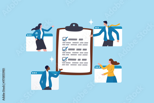 Meeting agenda, strategy planning communication, checklist or todo list for teamwork, brainstorm or work discussion, task or meeting reminder clipboard, business people meeting with agenda checklist.