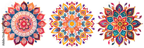 Bright and vibrant rangoli art with multiple colors and intricate detailing in a circular floral pattern isolated on a white background, png