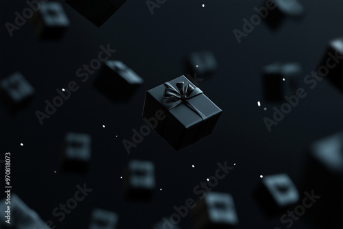 Black Friday banner with black gift boxes. Premium concept in dark background. 