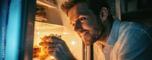 Smiling man sneaking a piece of cake from the refrigerator at night, highlighting a guilty pleasure and midnight snack moment.