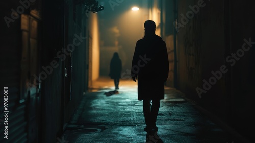 Back view of man following woman in dark street at night. Concept for crime, stalking