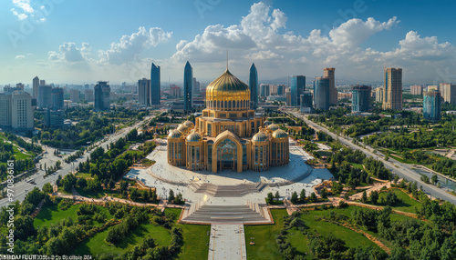 Nur-sultan skyline showing the kazakh palace of peace and reconciliation on a sunny day