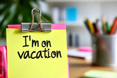 Bright note indicating vacation time on a desk.