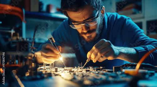 A focused technician is working on circuit board, using precision tools in dimly lit workshop. atmosphere is intense and dedicated, showcasing art of electronics repair