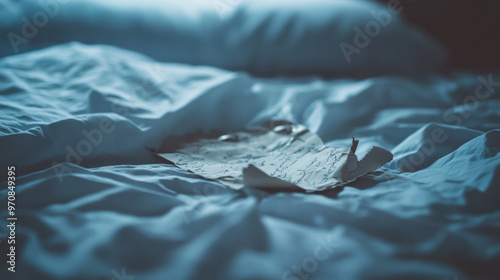 A crumpled piece of paper lies on rumpled bed, surrounded by soft, white bedding, evoking sense of intimacy and contemplation. gentle lighting adds serene atmosphere to scene