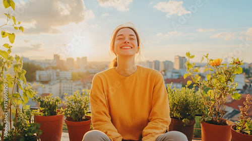 Young woman relishing a moment of peace and reflection on her balcony emanating gratitude and contentment and enjoying sun rays