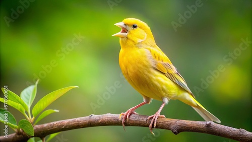 Perched on a thin branch, the stunning yellow Belgian canary lets out a full-throated melody, its bright plumage