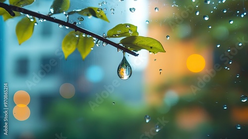 63. A single raindrop clinging to the edge of a window, the world beyond blurred into an abstract background, with the drop capturing the scene in miniature and sharp contrast