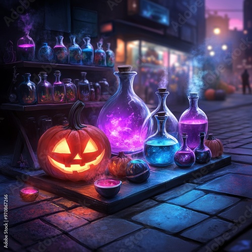 Halloween Potion Shop with Jack o lantern and Glowing Potions