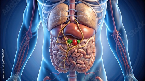 Distended abdomen with prominent veins, fluid accumulation, and swelling, illustrating symptoms of ascites, a medical condition characterized by excess fluid in the peritoneal cavity.