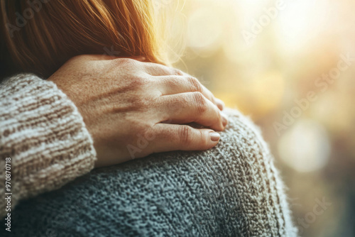 Hand gently resting on a shoulder, symbolizing comfort, support, empathy, compassion, friendship, connection, care, and reassurance