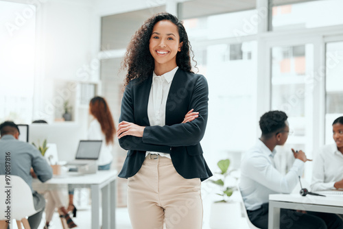 Happy, business woman and portrait with arms crossed and confidence from web writer at agency. Creative, smile and African employee ready for press, reporter and journalism work in office with staff