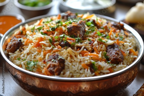 A plate of rice with green peas and orange carrots, beautifully arranged on the table in a restaurant, captured from a close-up angle.