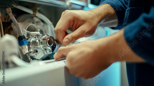 A repairman is working on a washing machine.