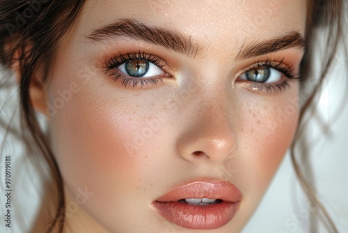 Mujer pintada mirando a la cámara fijamente con sus ojos verdes. Maquillaje delicado en la cara de una jóven. Recurso gráfico, fondo.