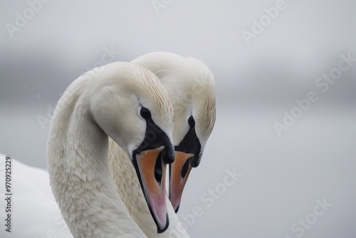 Dos cisnes juntos en el lago. Aves y animales. Recurso gráfico, fondo.