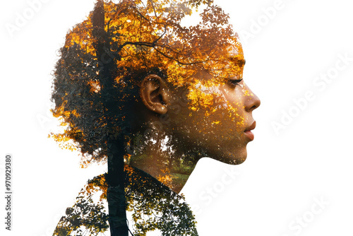 Double exposure portrait of a thoughtful woman with autumn trees superimposed, blending nature and human elements artistically.