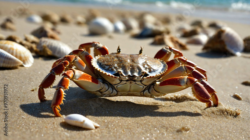 Crab closeup scuttling across a sandy beach with seashells scattered