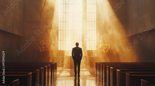 A solitary figure stands in a serene church, illuminated by warm sunlight streaming through grand windows, creating a peaceful atmosphere.