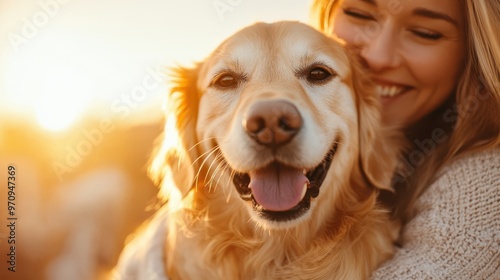 A woman warmly embraces her cheerful dog against a sunset backdrop, capturing a moment of companionship and mutual affection in a serene setting.