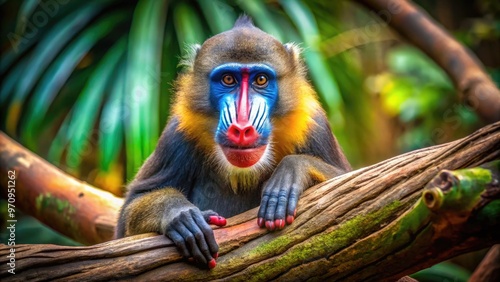 A colorful, playful mandrill with vibrant blue and red facial markings and large, protruding lips, sitting on a tree branch, looking directly at the camera.