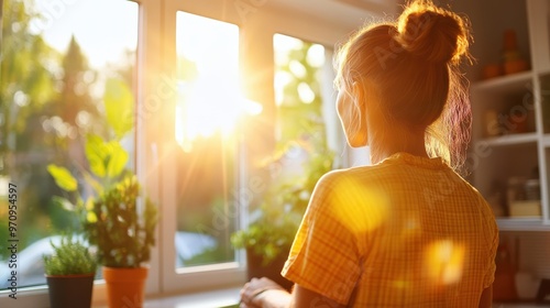 A woman gazes out of a sunlit window with various flowering plants on the sill, capturing a serene moment and a sense of peace and contemplation in a home environment.