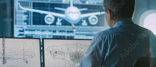 A professional in a control room studies detailed technical blueprints and a 3D model of an airplane on multiple monitors, showcasing precision and focus.