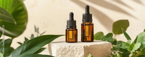 Sustainable essential oils in glass bottles, placed on a stone podium with surrounding plants and greenery, emphasizing reusable beauty packaging