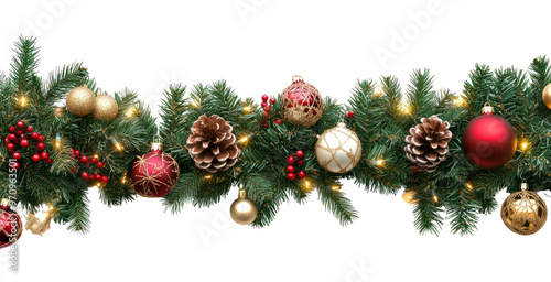 Seamless decorative christmas border with coniferous branches and garlands of christmas lights and ornaments