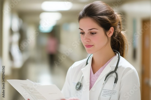 Caring Healthcare Advocate Analyzing Important Medical Documents in Hospital Setting