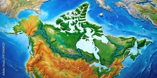 Aerial View Of A Detailed Map Of Canada Highlighting Its Major Rivers, Lakes, And Waterways In Vibrant Colors.