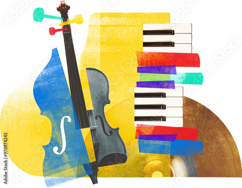 Artwork depicts colorful collage of musical instruments, including cello, violin, piano keys, and cymbals against transparent background. Textured effect. Concept of art, music festivals, party.