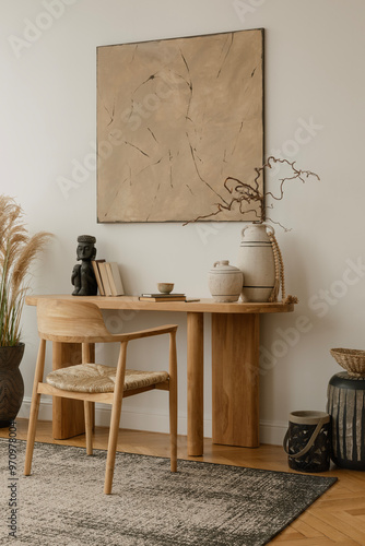 Contemporary table setup with modern art and flowers. A sleek interior scene showcasing a decorative table with fresh flowers and unique, modern art pieces on the wall.