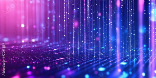 Purple and blue gradient lights arranged in vertical lines with glowing dots, creating an abstract futuristic tech-inspired background with vivid lighting effects.