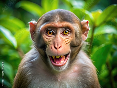 A mischievous rhesus macaque monkey with a sly grin and sparkling eyes appears to be plotting its next romantic conquest in a lush jungle setting.