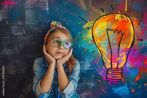 A young girl next to a light bulb. She is thinking about solving the problem