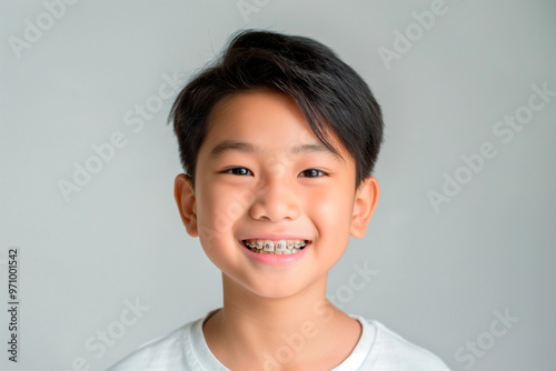 smiling asian kid with braces on plain light background