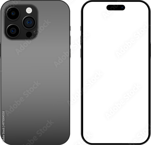 New Phone in black color - vector mockup on transparent background. Phone mockup in front and back side. Smartphone mockup with blank white screen for design. Vector EPS 10