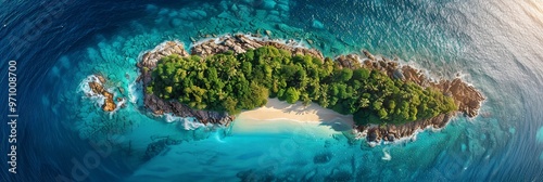 This aerial image captures a breath-taking tropical island with dense vegetation, rocky coastline, and clear blue waters, emphasizing the natural beauty and isolation of the place.