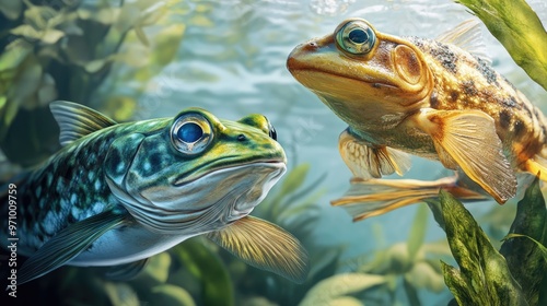 Genetic mutations and heritable DNA damage linked to environmental pollution featuring a hybrid fish and frog depicted with 3D illustration elements