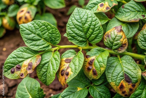 Brown scab lesions cover diseased potato plant leaves, stems, and tubers, showcasing devastating effects of fungal infections on crops in an agricultural field environment.