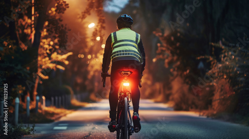 Cyclist riding along a quiet nighttime road while wearing a reflective vest for safety