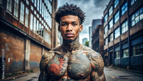 Confident young African American male with tattoos and streetwear poses defiantly against a gritty urban backdrop, exuding strength, pride, and unapologetic individuality.