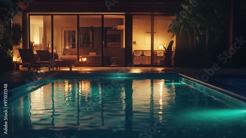 A backyard pool at night illuminated with soft lights, with reflections on the water creating a calm atmosphere