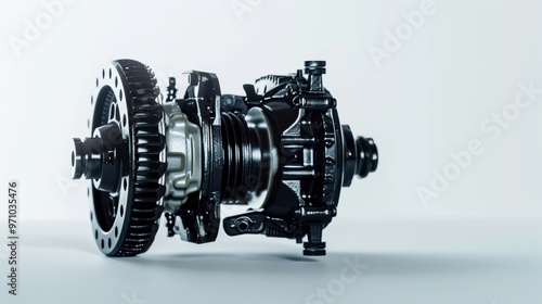 Brand new car differential gearbox lying on white background