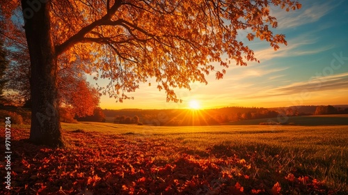 A serene autumn sunset illuminates a golden field with vibrant orange and red leaves under a large tree.