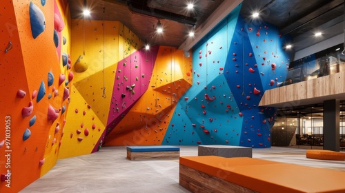 Colorful climbing walls are specifically designed for indoor bouldering and training sessions