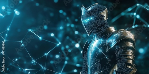 A futuristic knight in digital armor stands against a glowing network backdrop, symbolizing technology and innovation.