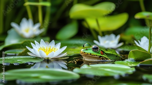 Frog resting peacefully on the surface of a still pond surrounded by water lilies and lush green plants, reflecting natural serenity