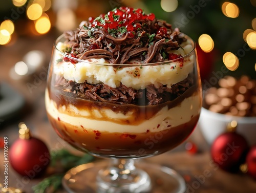 Savory Christmas trifle layered with mashed potatoes, gravy, and shredded beef